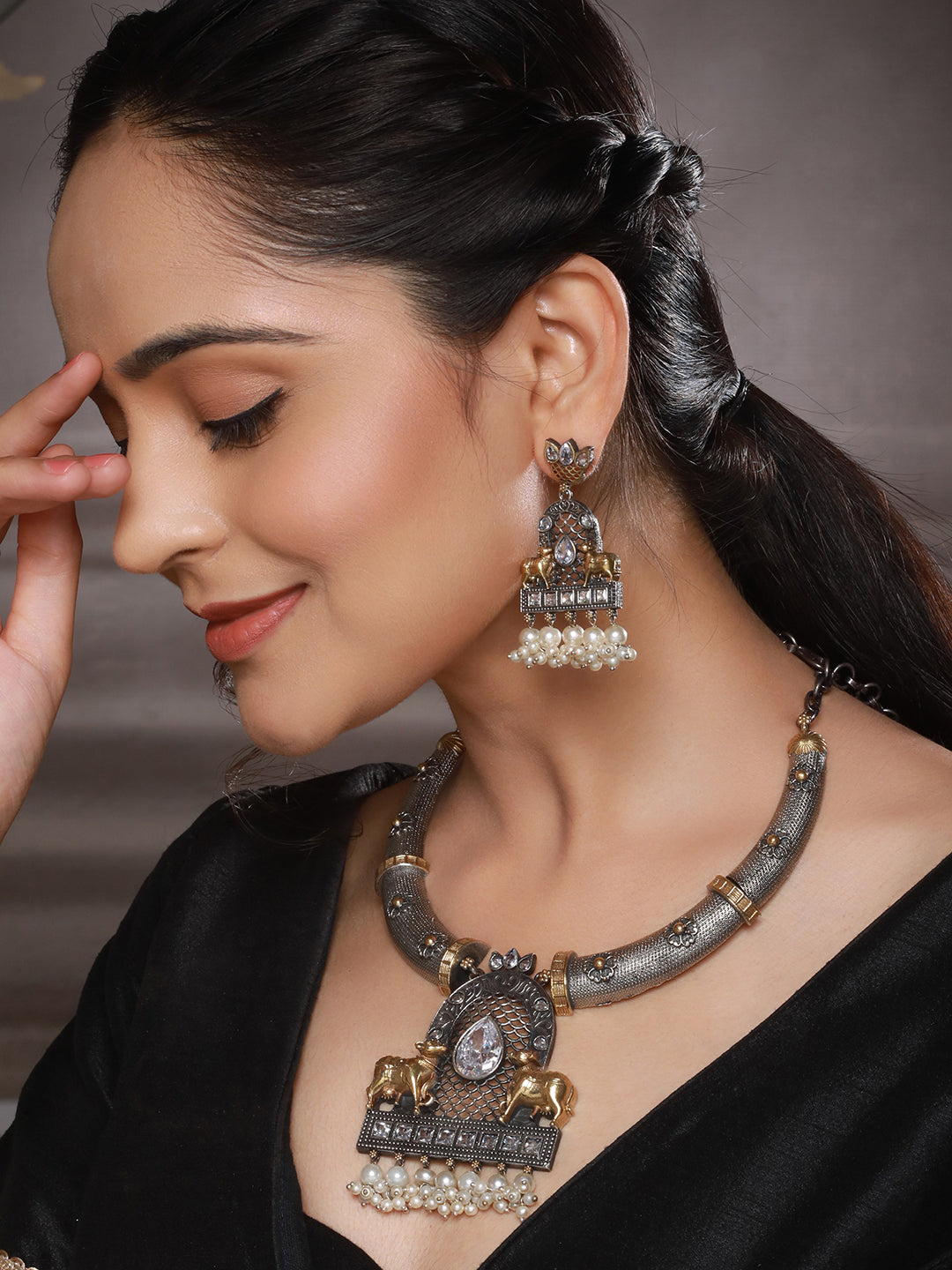 Dual Toned  Oxidised Silver Lookalike  Pearl Beaded Hasli Deer Motif Designer Jewellery Set