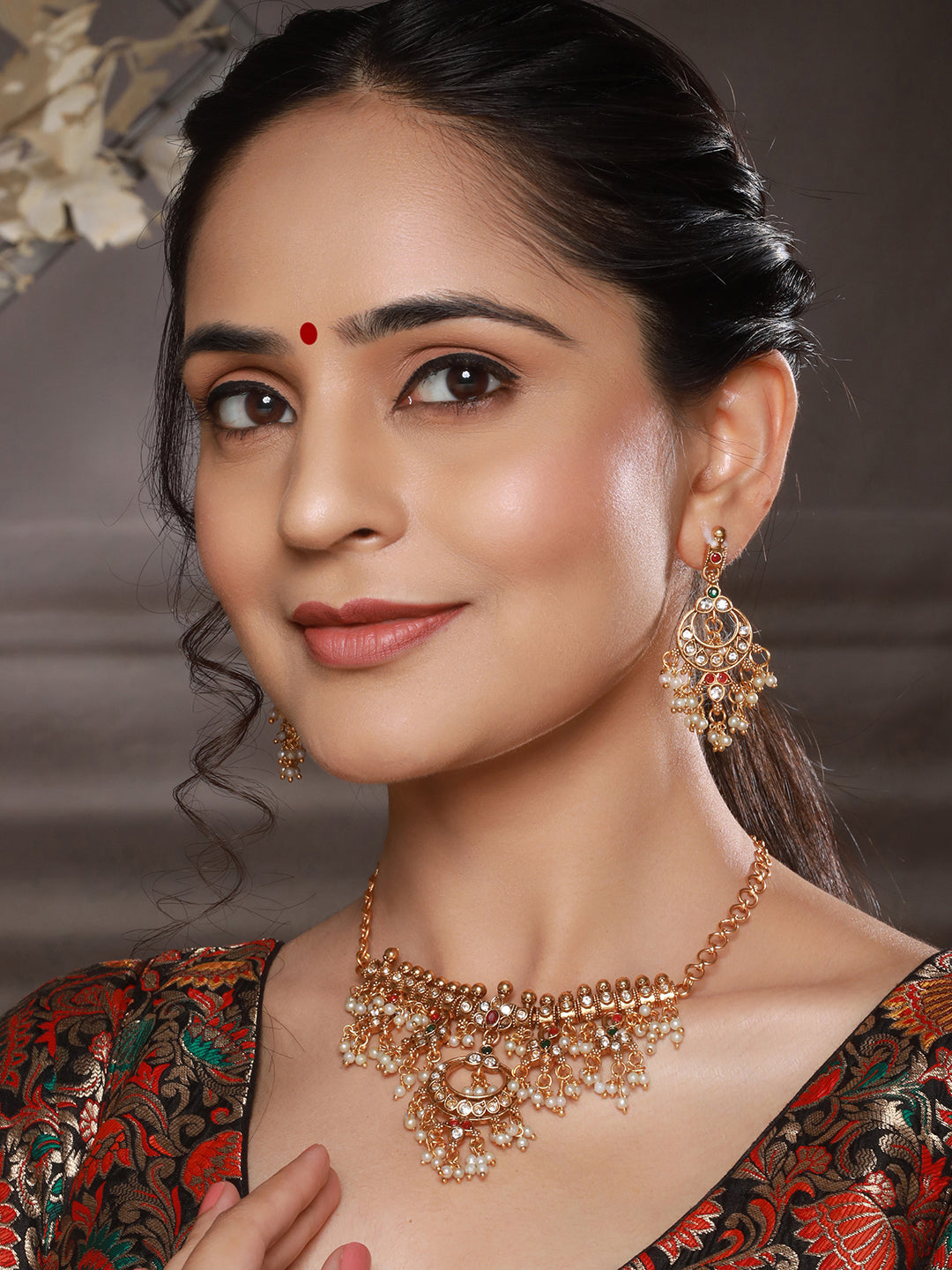 Gold Plated Kemp Stones Pearl beaded Chandbali Pendant Style Choker Jewellery  Set