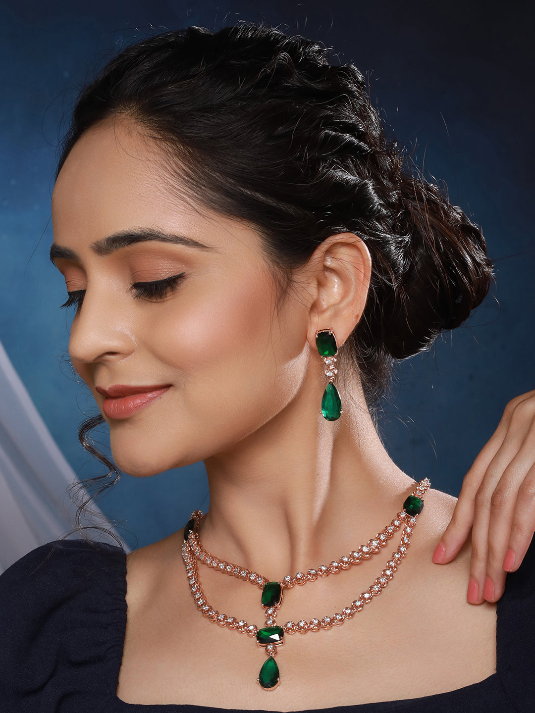 Rose Gold Plated Emerald Green AD Studded 2 Layered Luxe Designer Bridal Partywear Jewellery Set