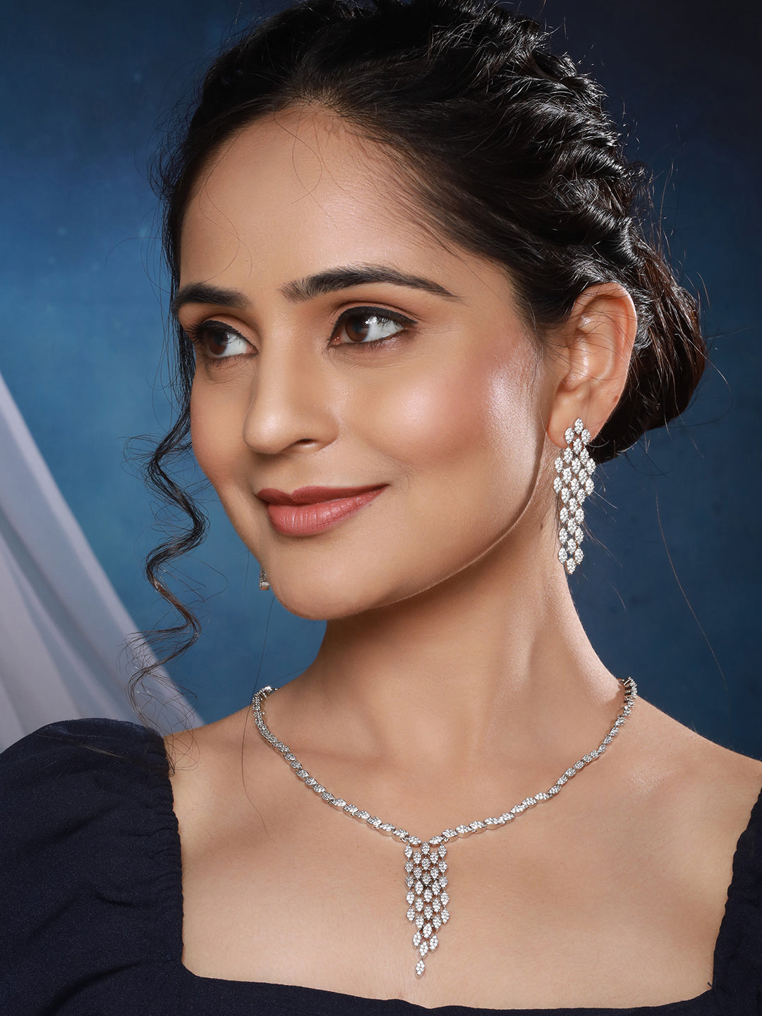 Silver Toned Ad Studded Quirky  Drop  Designer Wedding  Partywear Jewellery Set