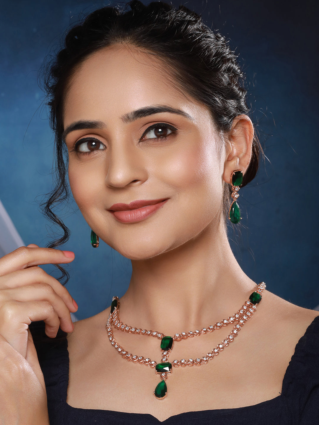 Rose Gold Plated Emerald Green AD Studded 2 Layered Luxe Designer Bridal Partywear Jewellery Set