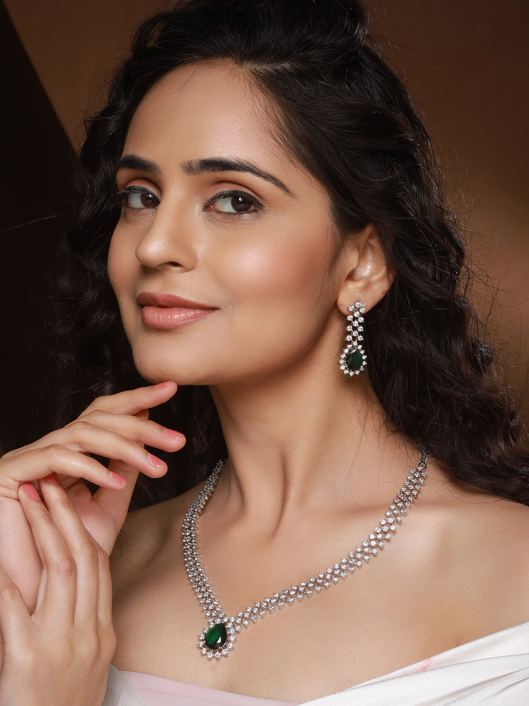 Silver Plated Emerald Green Zircon AD Studded Delicate Partywear Necklace Jewellery Set