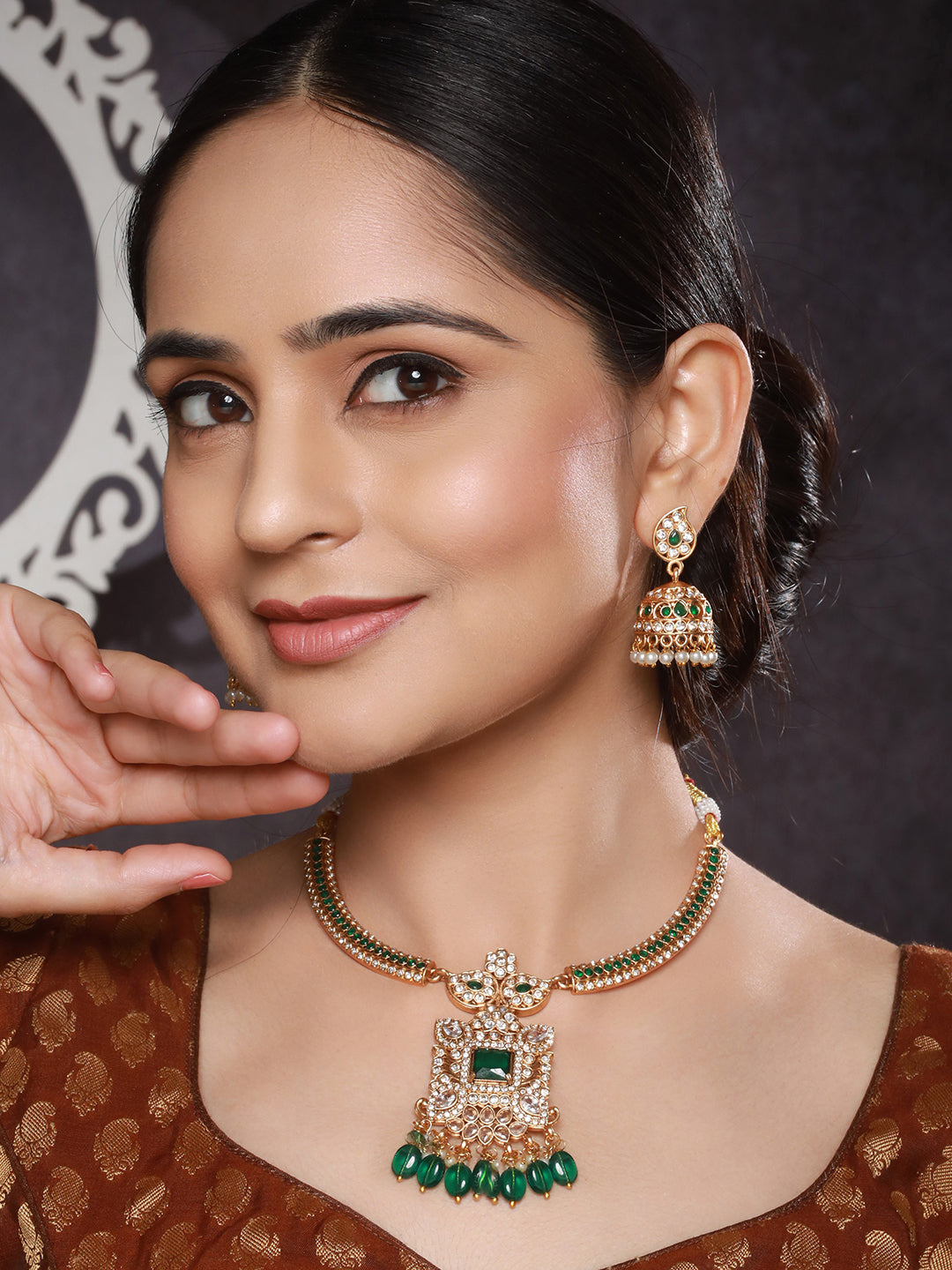 Gold Plated Green  Zircon & Pearl Beaded Floral  Pipe Pendant Jewellery  Set With Jhumka