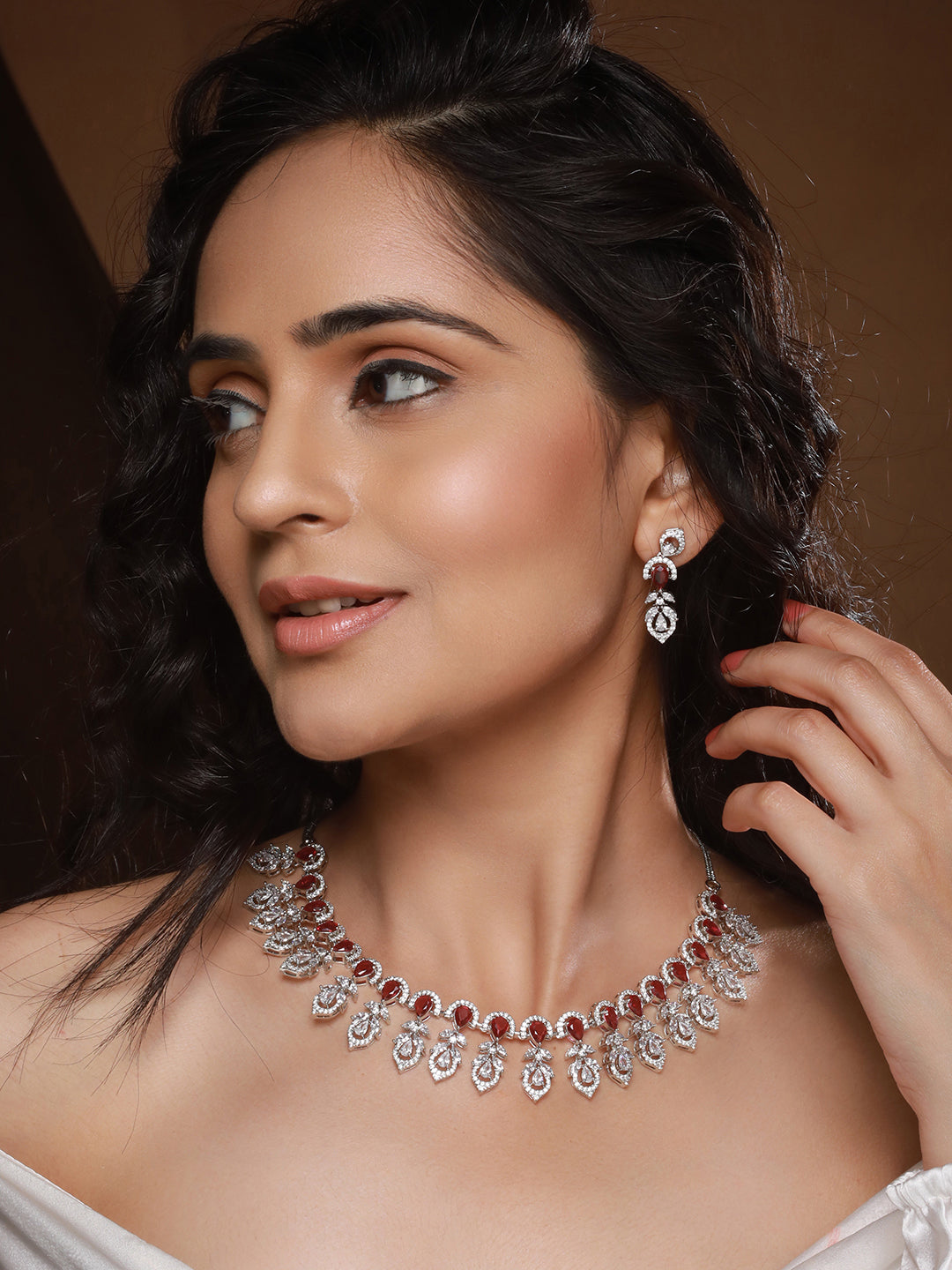 Silver Plated Ruby Red AD Studded Elegant  Floral Designer  Delicate Choker  Jewellery Set