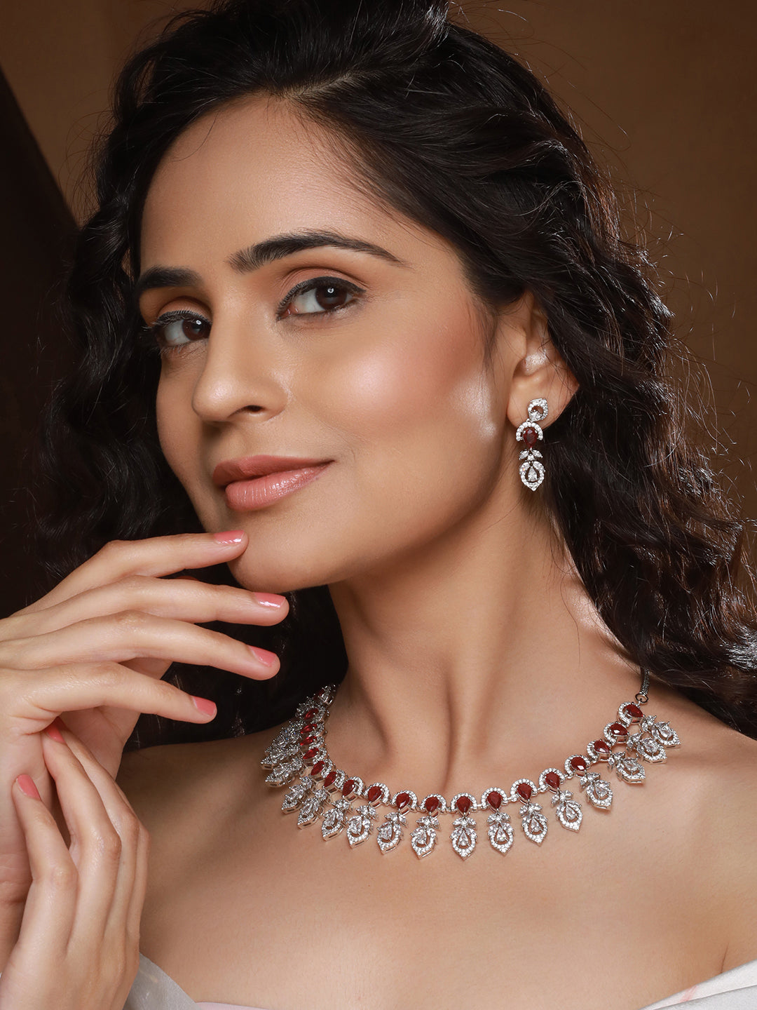 Silver Plated Ruby Red AD Studded Elegant  Floral Designer  Delicate Choker  Jewellery Set