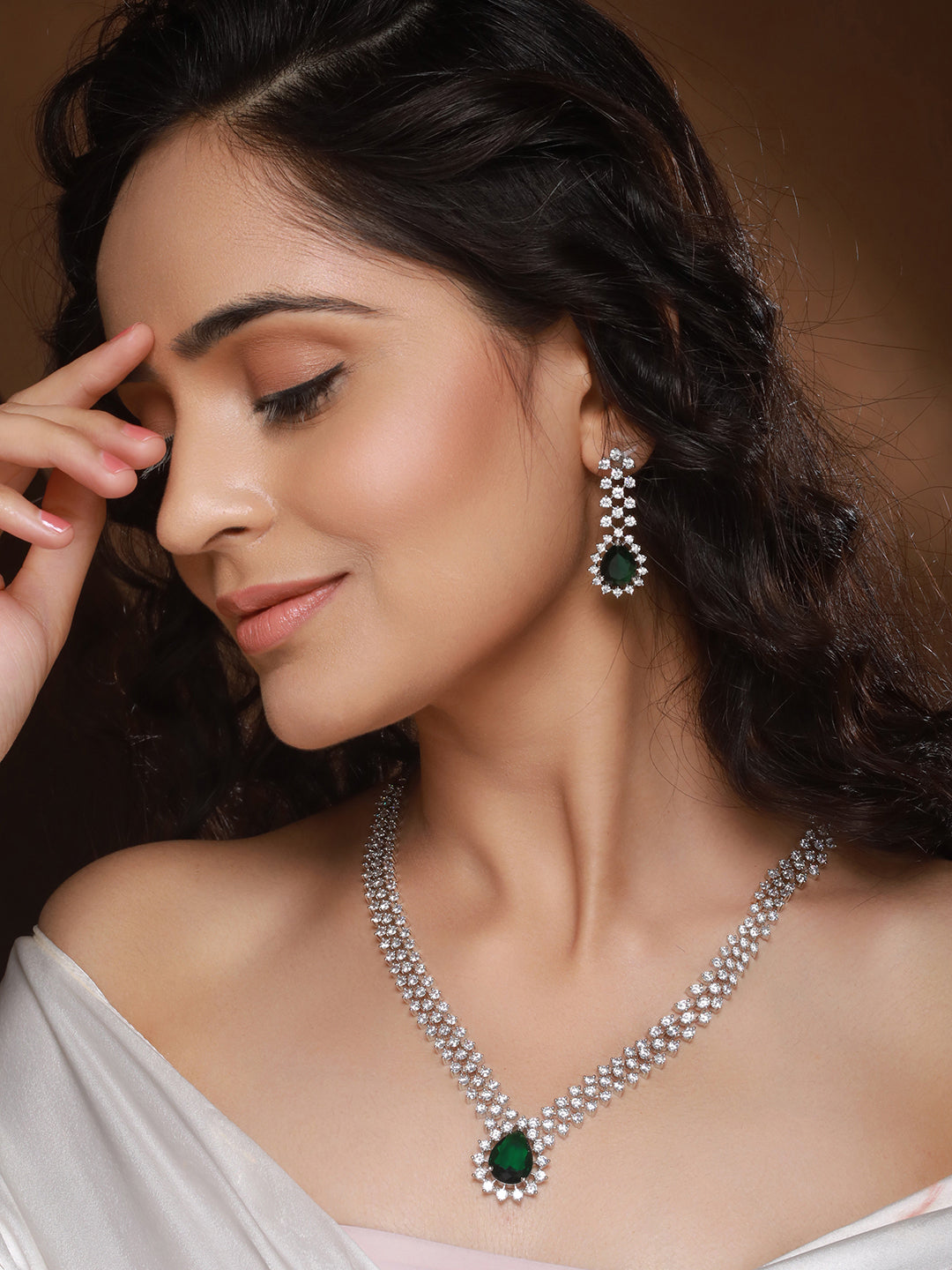 Silver Plated Emerald Green Zircon AD Studded Delicate Partywear Necklace Jewellery Set