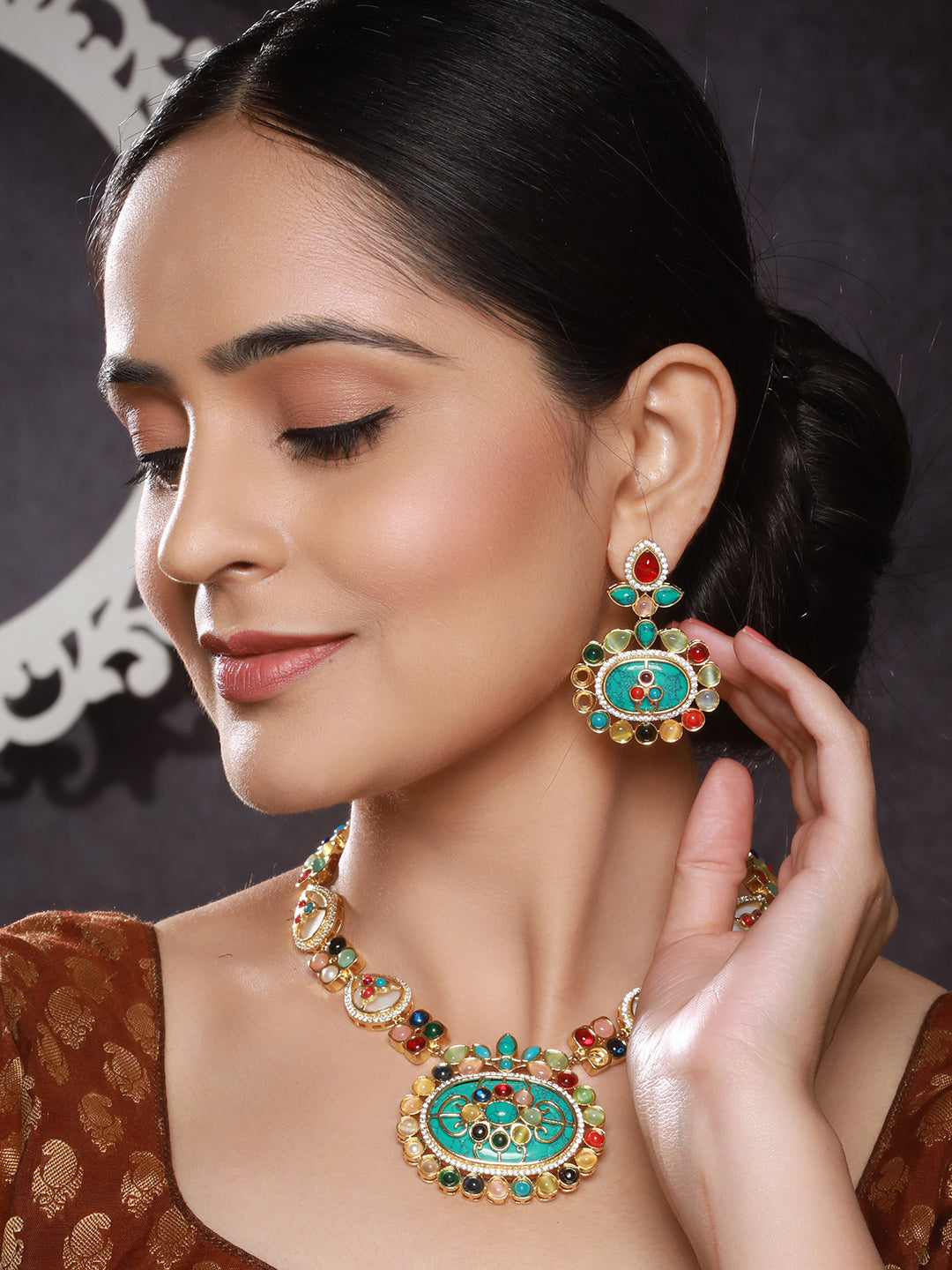 Gold plated Multicoloured Stones Studded Floral Double Layered Necklace Jewellery  Set