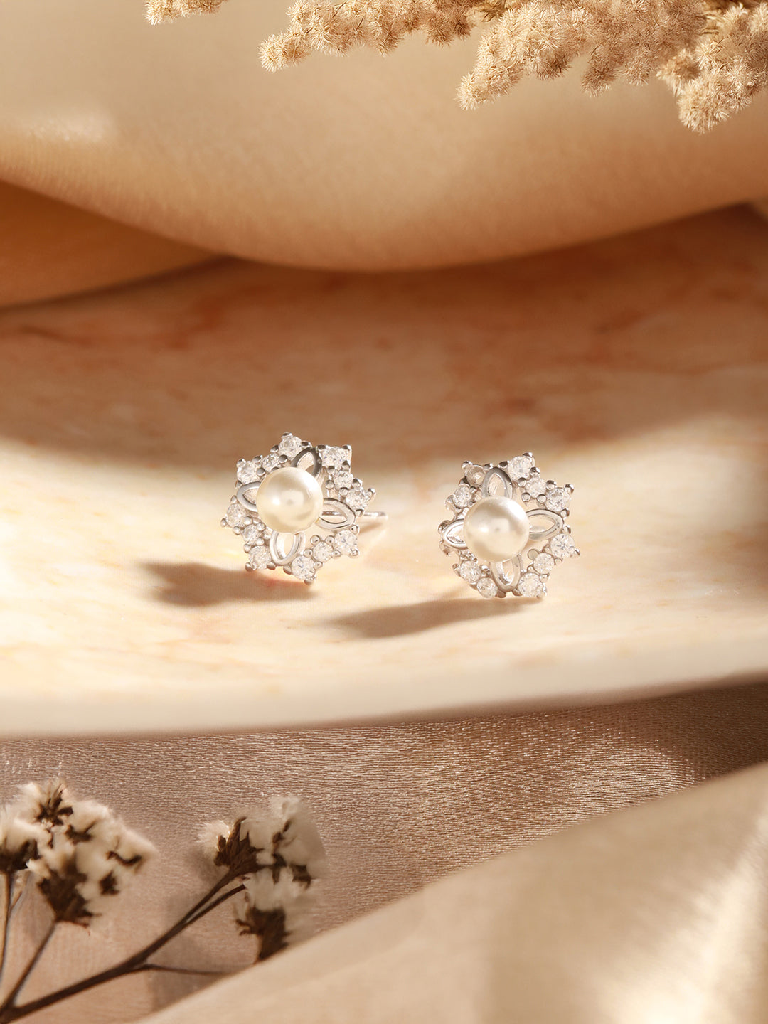 925 Sterling Silver Zircon Studded Faux Pearls  Flower Studds Earrings