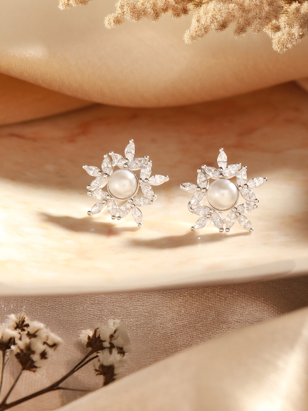 925 Sterling Silver Zircon & Pearl Embellished Minimal  Floral Studds Earrings