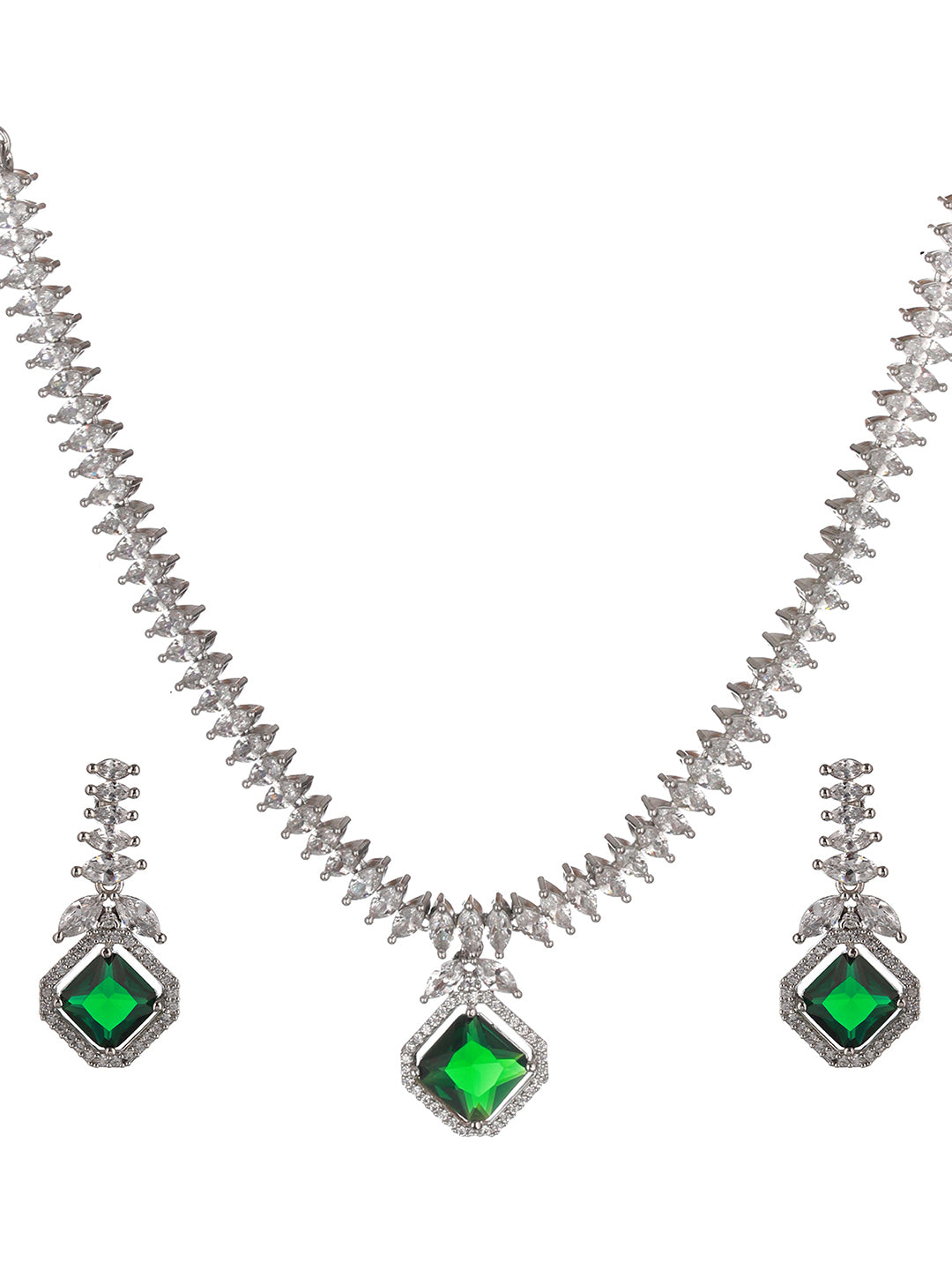 Silver Plated Green CZ Studded Minimal Pendant jewellery Set