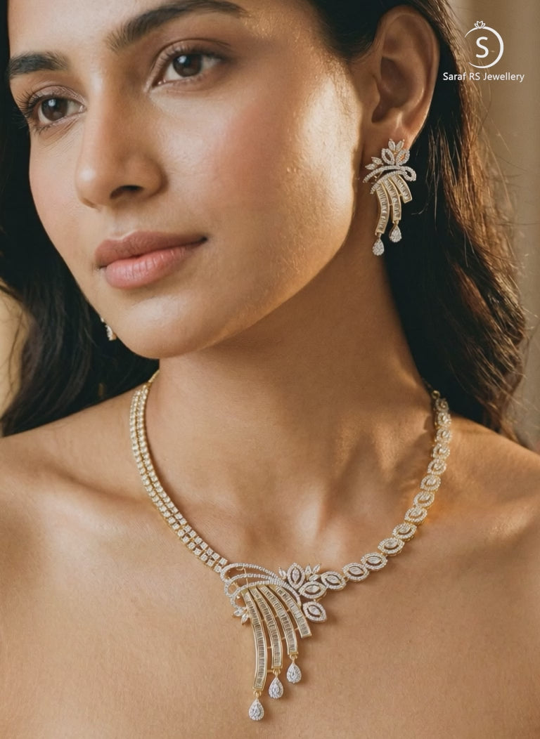 Gold Toned White AD Zircon Studded Peacock Motif Contemporary Necklace Jewellery Set