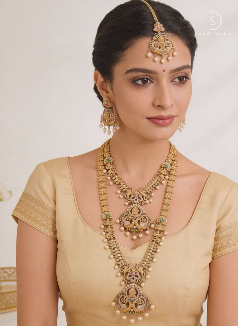 Combo Gold Plated White AD & Pearl Studded Temple  Lakshmiji Bridal  Jewellery Set