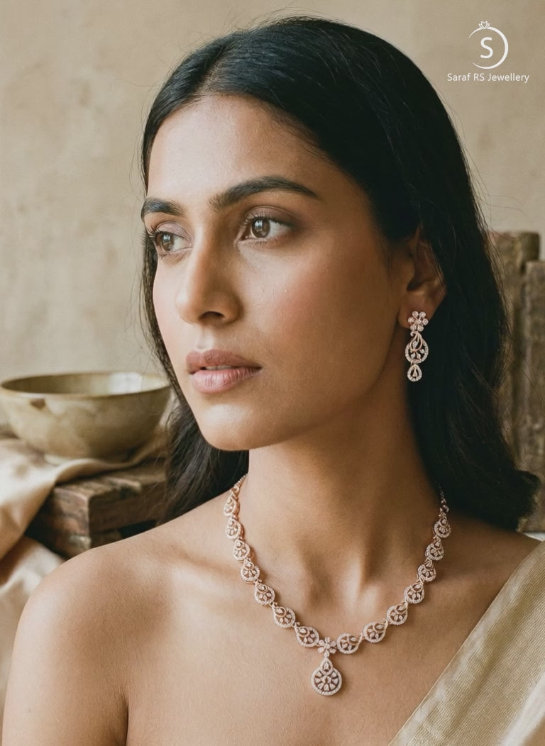 Rose Toned White AD  Zircon Studded Mango Design Statement Jewellery Set