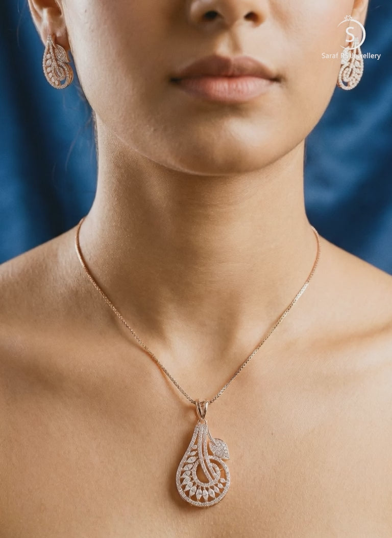 Rose Plated AD Zircon Studded  Leafy Minimal Pendant Jewellery Set