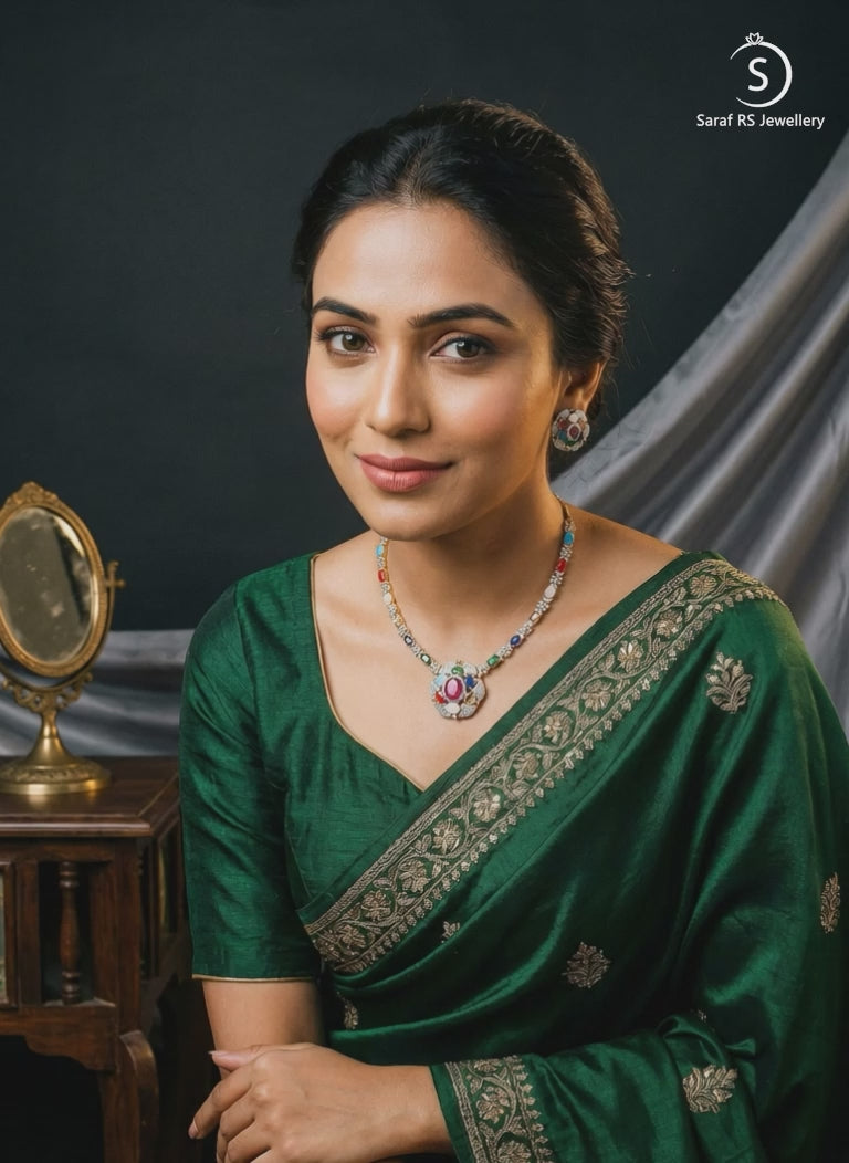 Gold Plated Nav Ratna Zircon Studded  Temple Minimal Jewellery Set