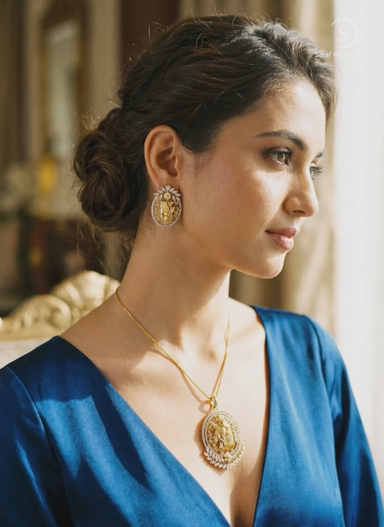 Gold Plated AD Zircon Minimal Temple Lord Krishna  Pendant Jewellery Set