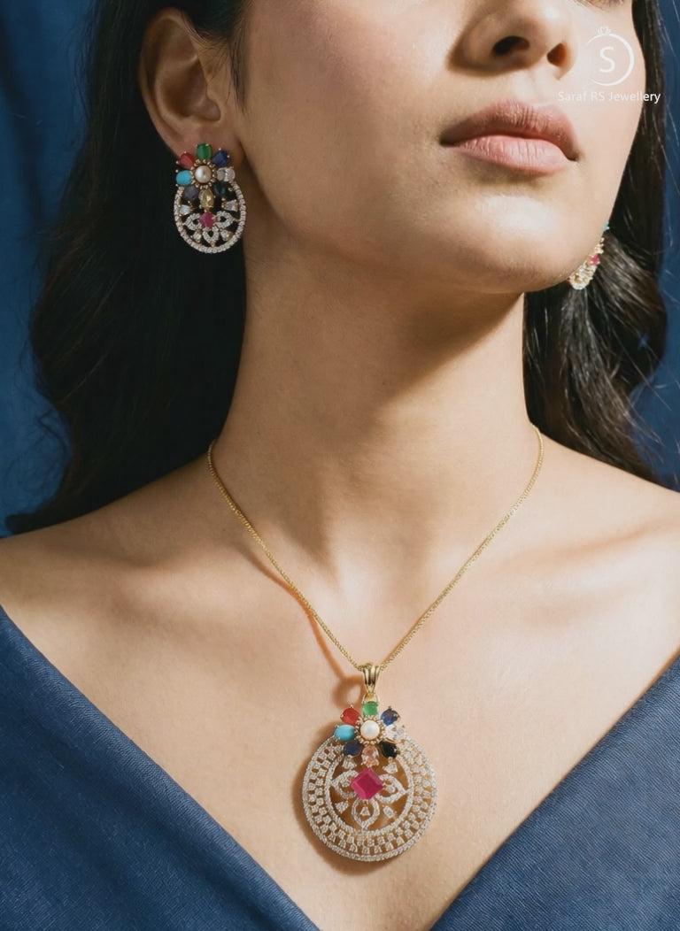 Gold Plated Nav Ratna  Cubic Zirconia Stones Studded Circular Pendant Jewellery Set