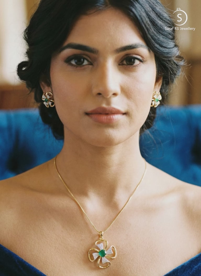 Gold Toned AD Studded Designer Minimal Floral Pendant Jewellery Set