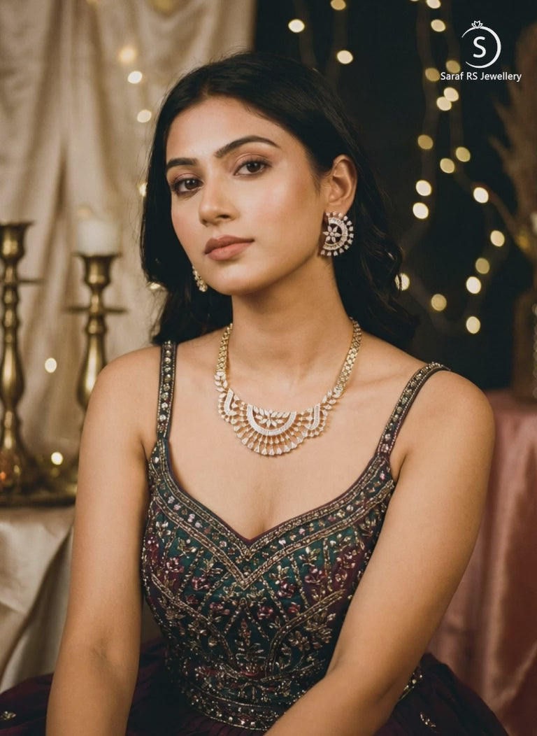 Gold Toned White AD Zircon Studded  Long Haram Chain Necklace Jewellery Set