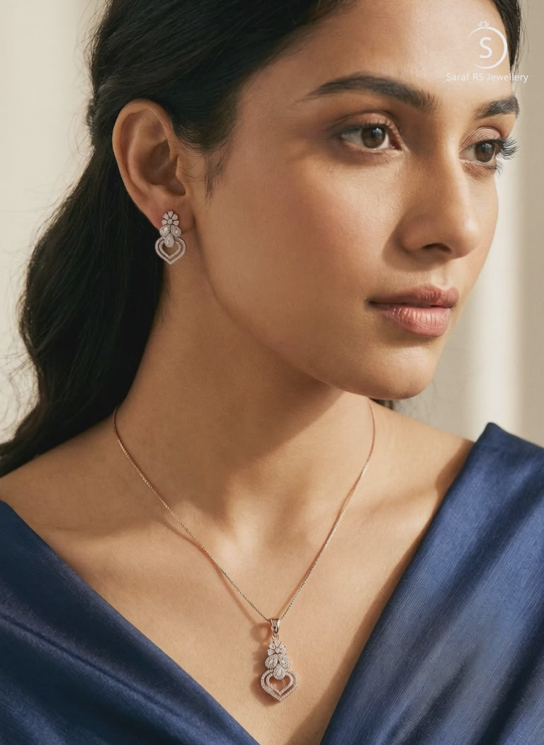 Rose Toned AD Zircon Studed Delicate Minimal Floral Pendant Jewellery Set