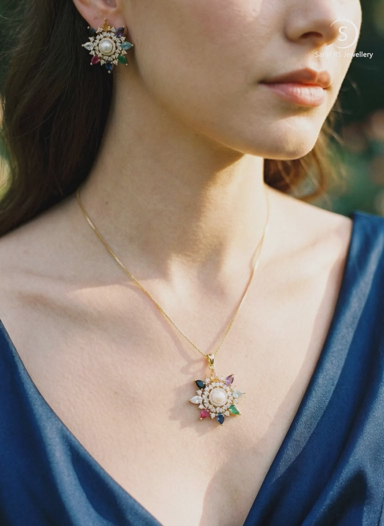 Gold Plated Nav Ratna  Cubic Zirconia Stones Studded Star Shaped Pendant Jewellery Set