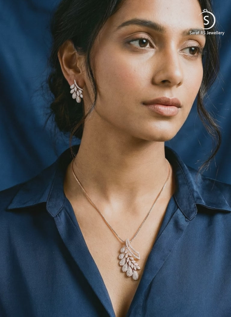 Rose Toned White Zircon Studded Leaf Motif Minimal Pendant Jewellery Set