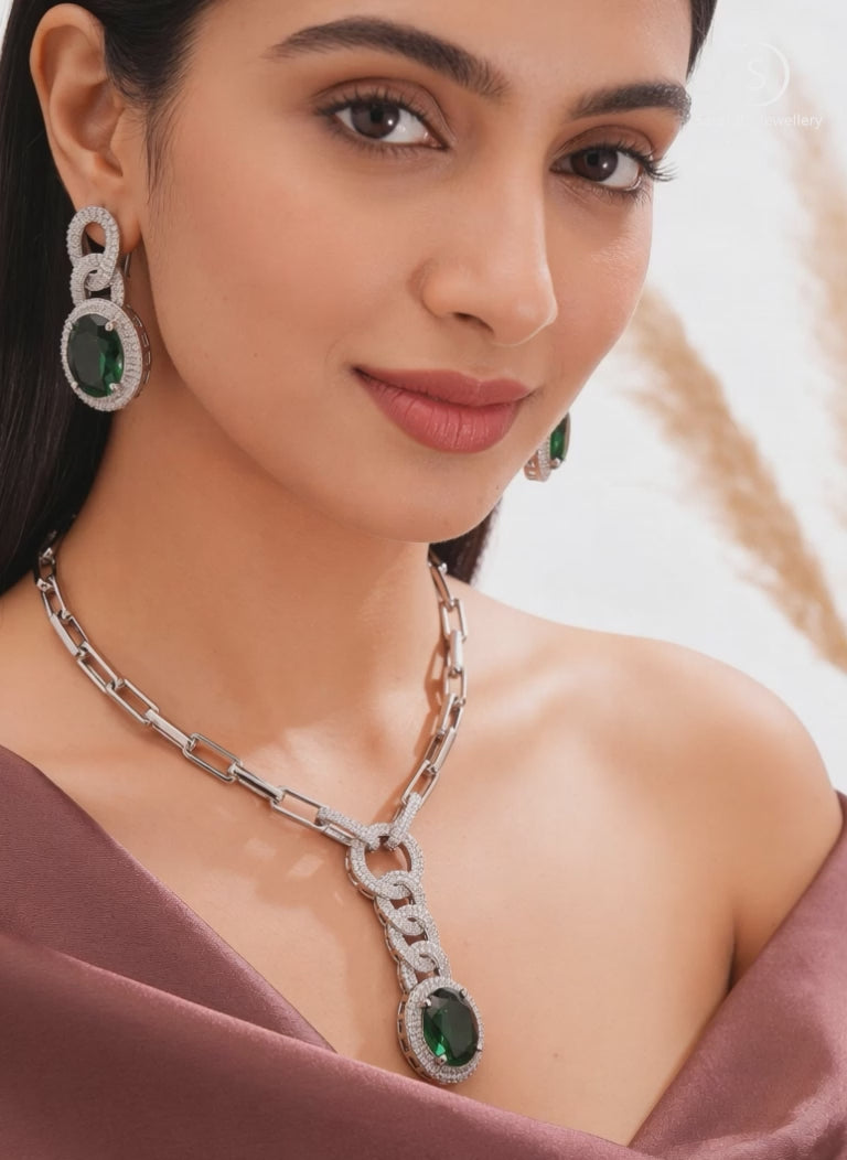 Silver Plated Emerald Green AD Studded Cocktail Link Jewellery Set