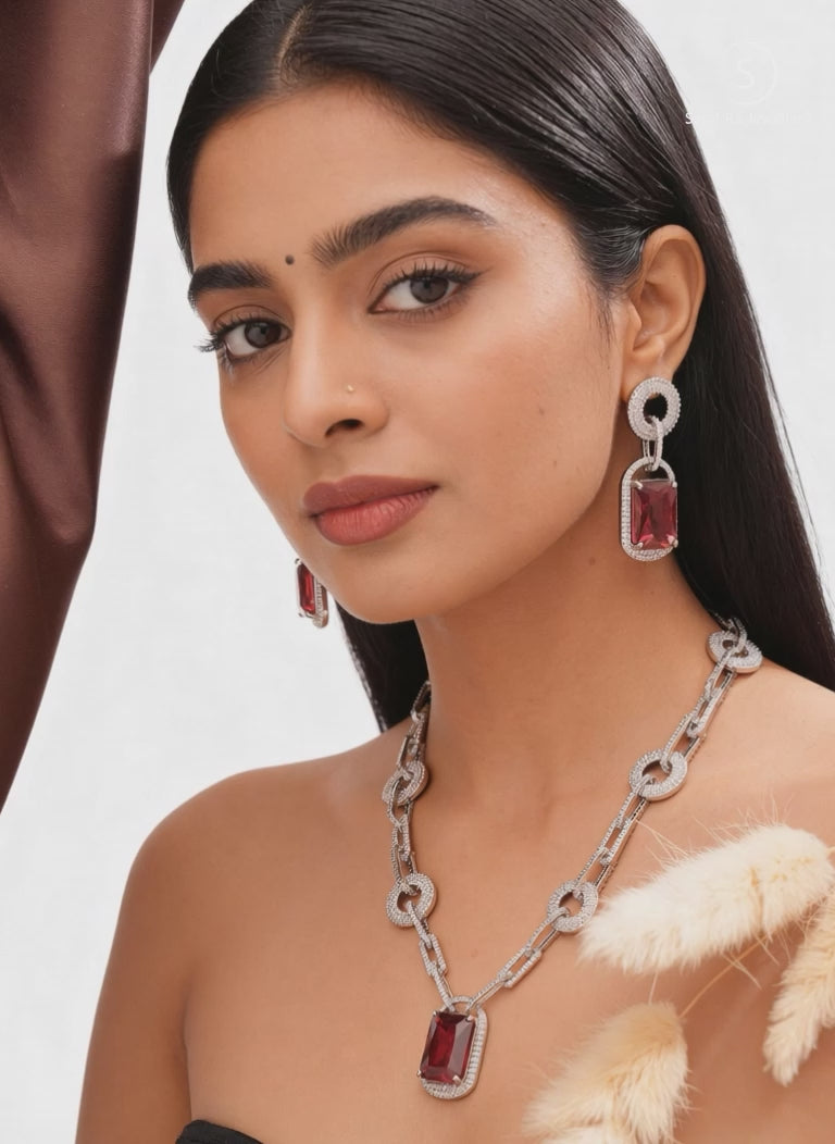 Silver Plated Ruby Red  AD Studded Cocktail Link Jewellery Set