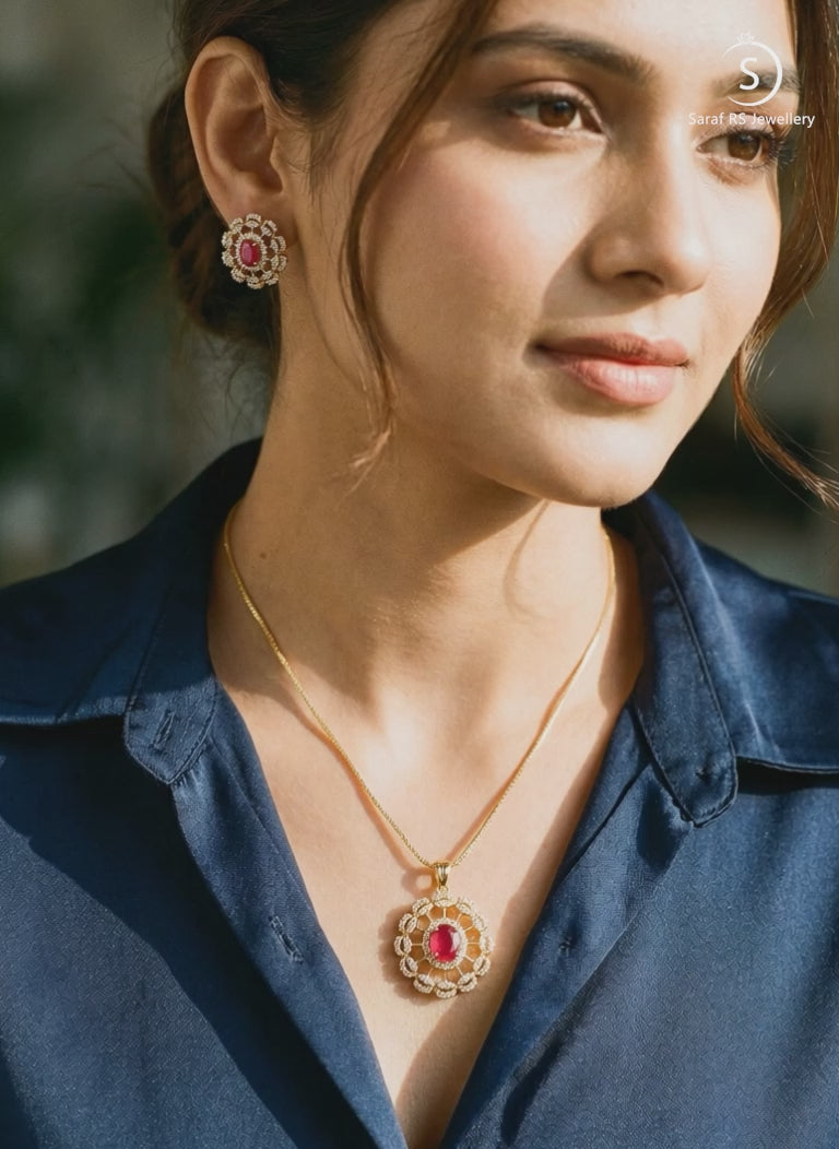 Gold Toned Red Zircon Studded Floral Minimal Drop Pendant Jewellery Set