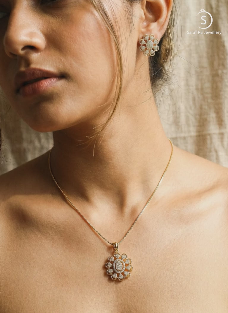 Gold Plated White Zircon Studded Floral Minial Drop Pendant Jewellery Set