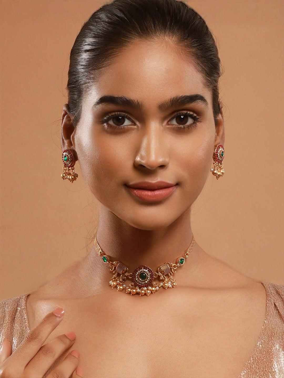 Gold Plated Green Kempo Studded Elepahant Delicate Choker Jewellery Set