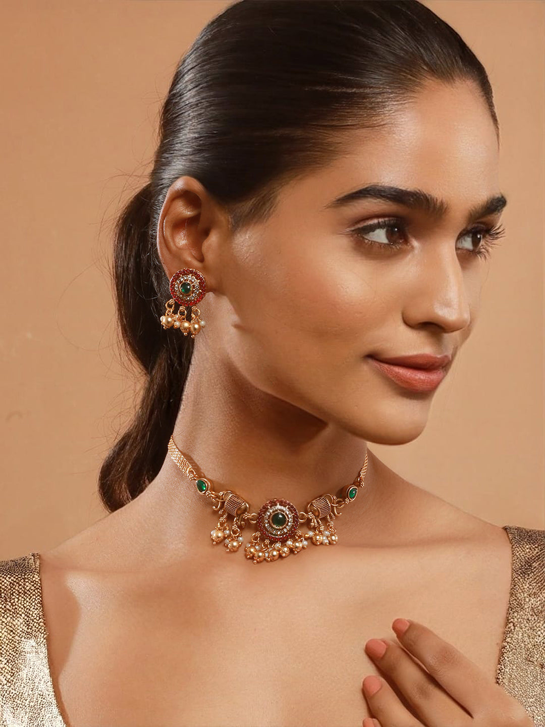 Gold Plated Green Kempo Studded Elepahant Delicate Choker Jewellery Set