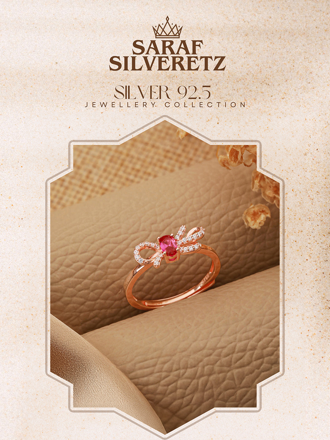 925 Sterling Silver Red Ruby Studded Rose gold Plated  Cherry Bow Adjustable Finger Ring