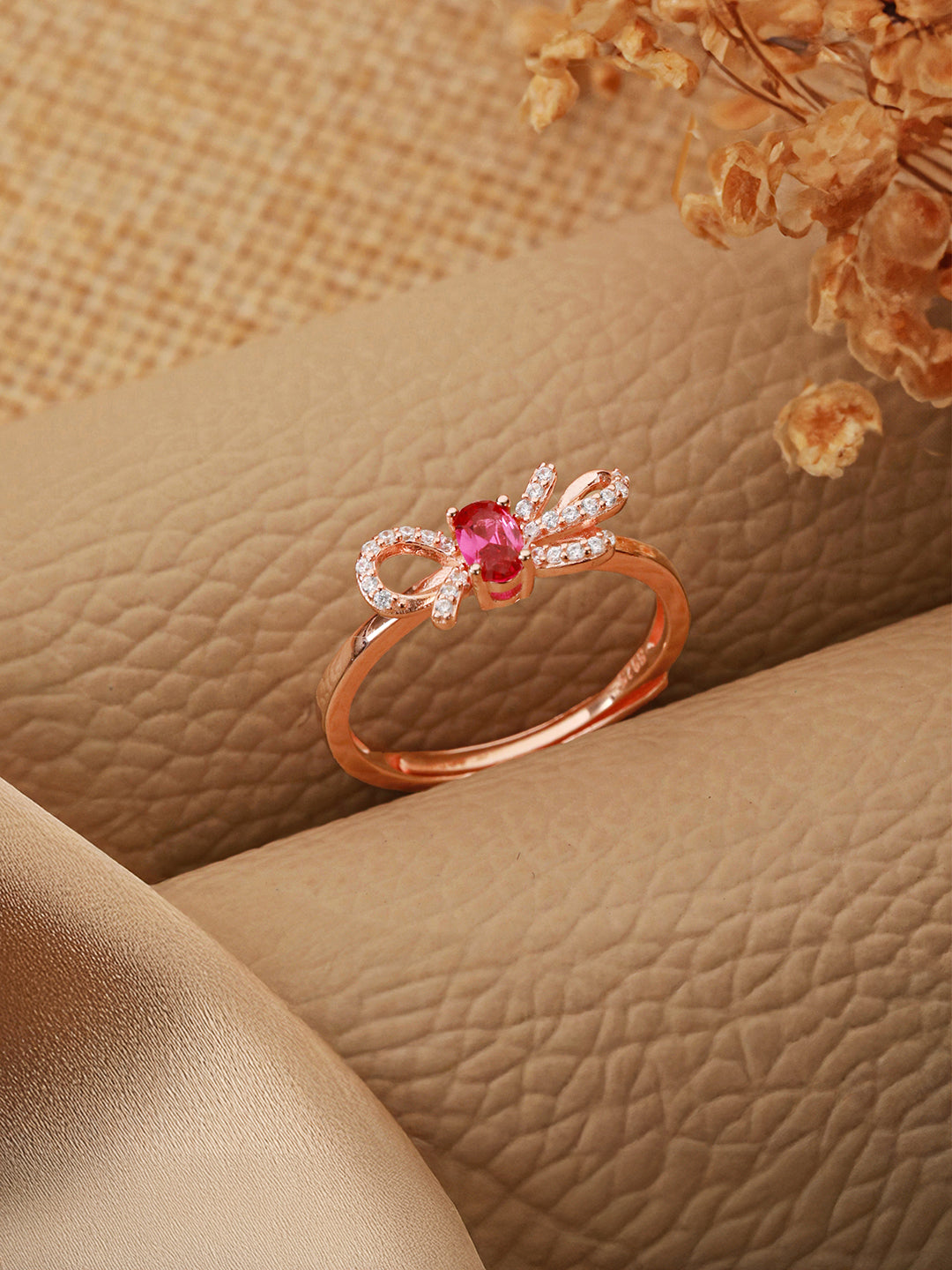 925 Sterling Silver Red Ruby Studded Rose gold Plated  Cherry Bow Adjustable Finger Ring