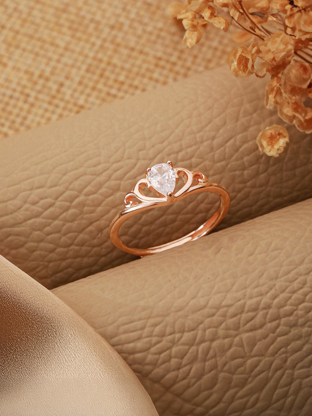 925 Sterling Silver Rose Gold Plated AD Studded Minimal Crown Finger Ring