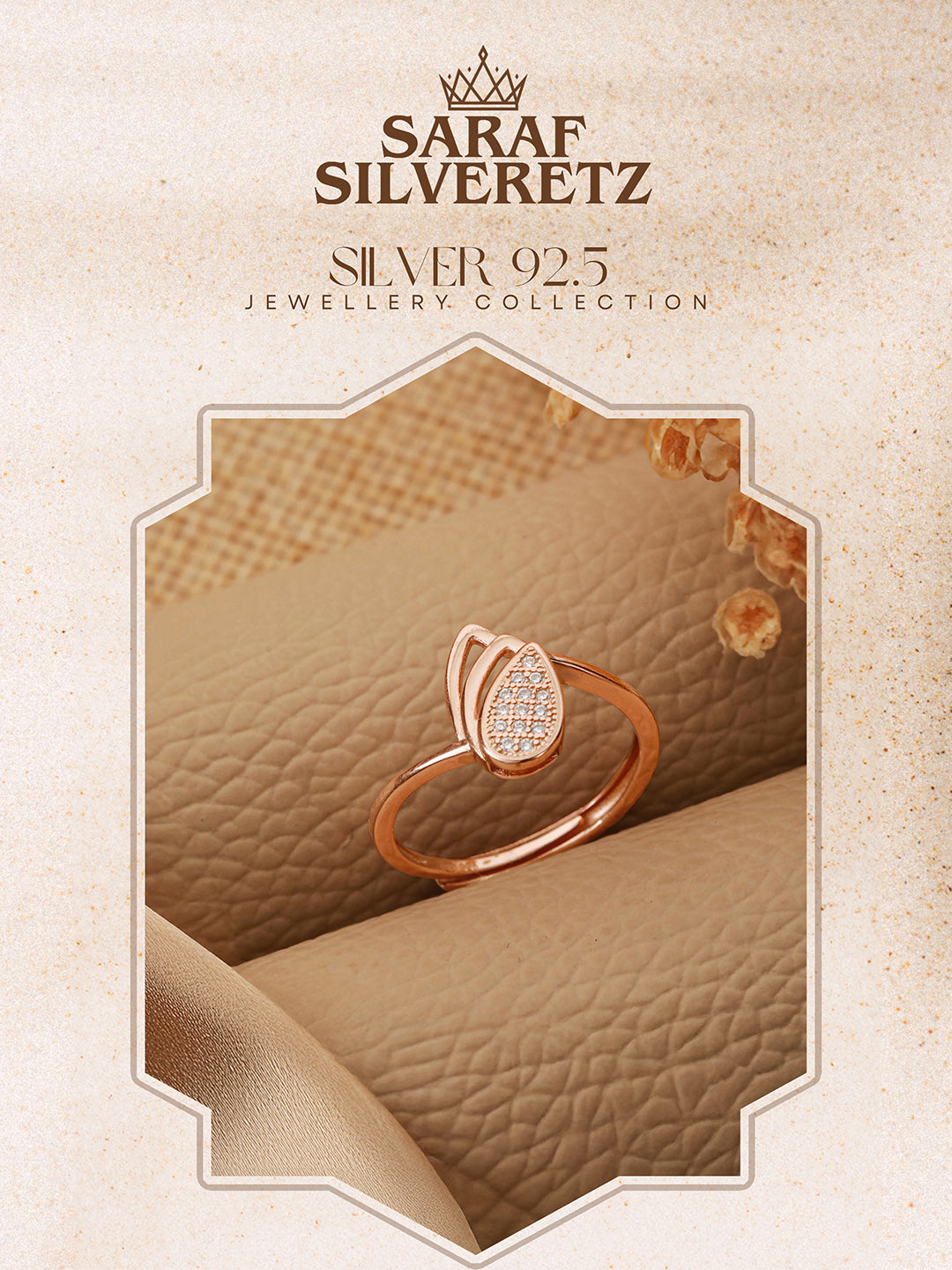 925 Sterling Silver Rose Gold Plated AD Studded Leaf Shaped Proposal Adjustable Finger Ring