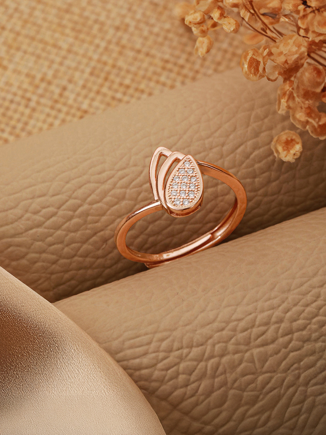 925 Sterling Silver Rose Gold Plated AD Studded Leaf Shaped Proposal Adjustable Finger Ring