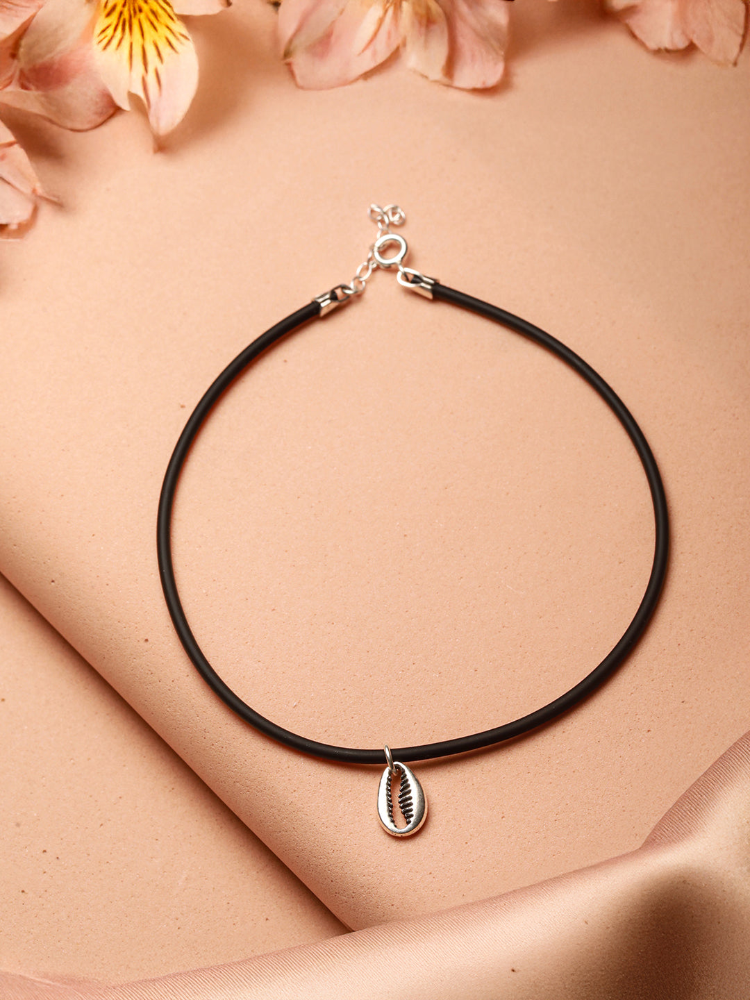 925 Sterling SilverRhodium Silver Seashell Black Thread  Minimal Anklet