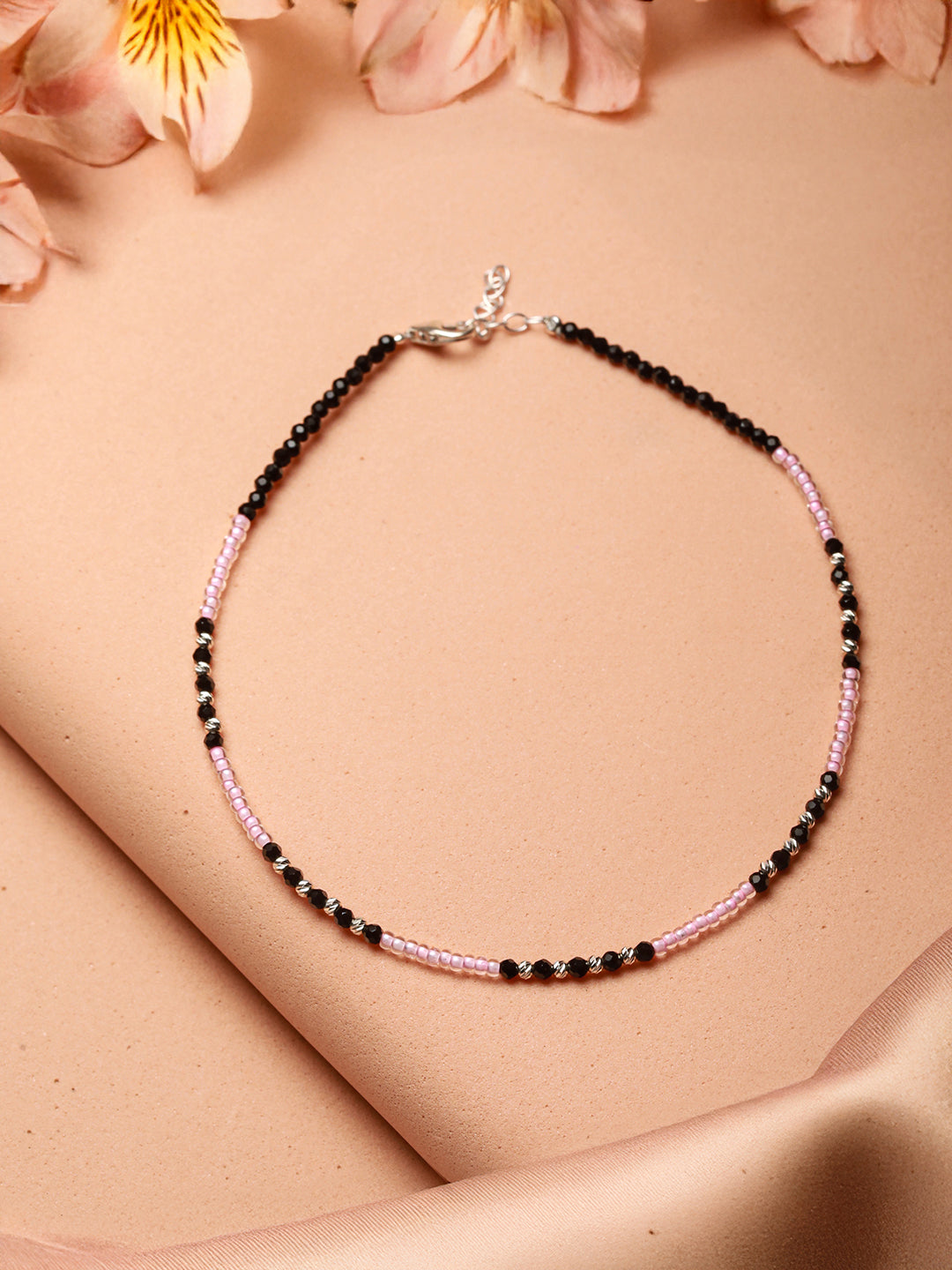 925 Sterling Silver Black & White Beads Designer Minimal  Anklet