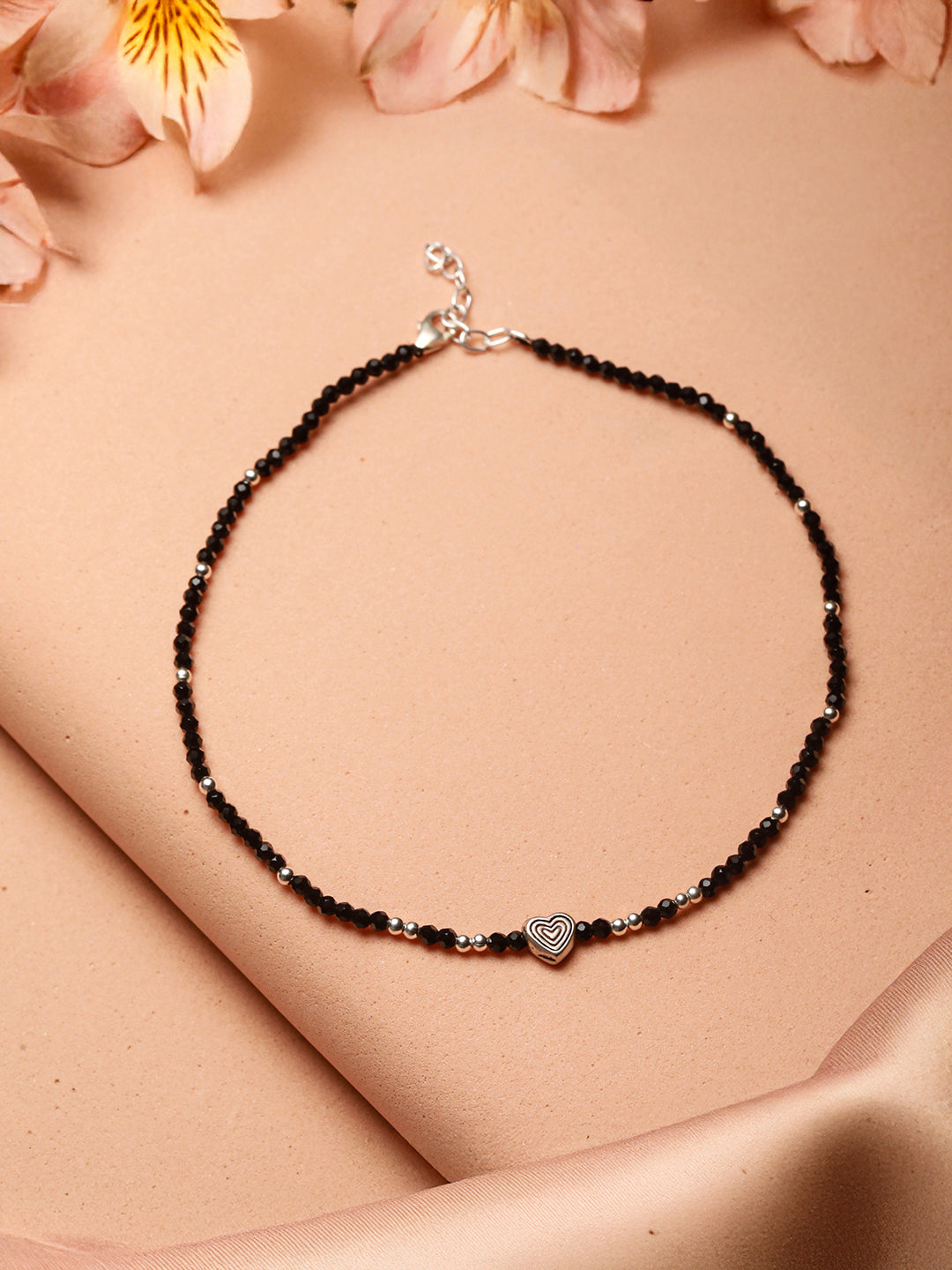 925 Sterling Silver Black Beads Heart Shaped Charms Payal Anklet
