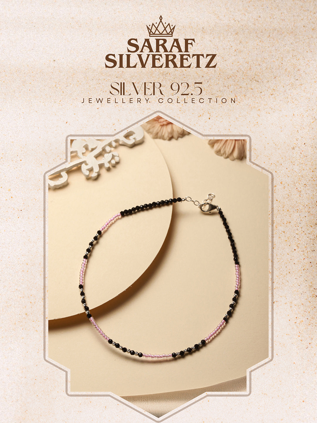 925 Sterling Silver Black & White Beads Designer Minimal  Anklet