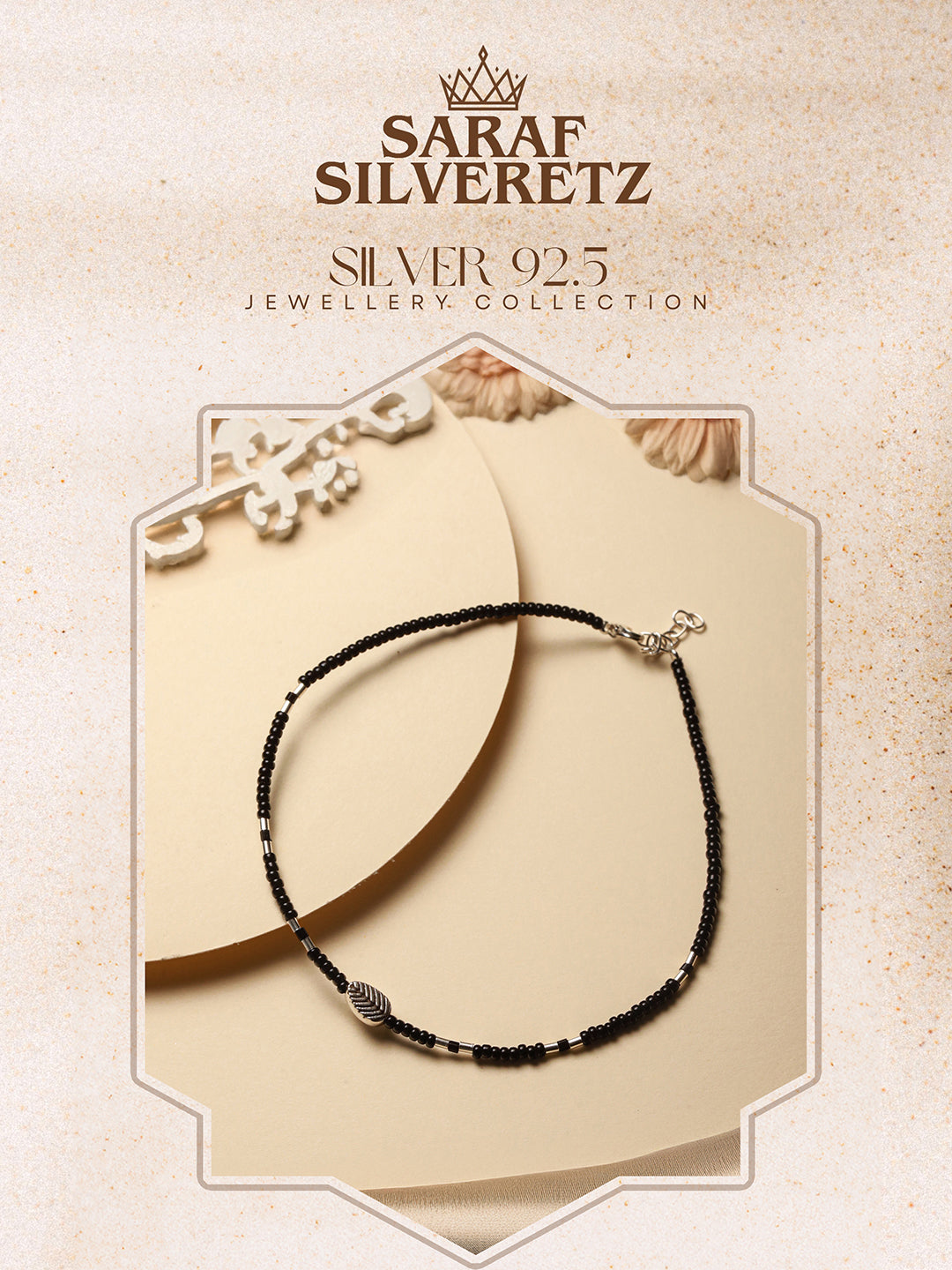 925 Sterling Silver Black Beads Leaf Charms Payal Anklet