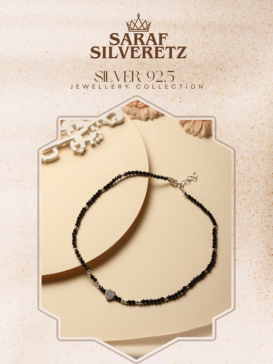 925 Sterling Silver Black Beads Heart Shaped Charms Payal Anklet