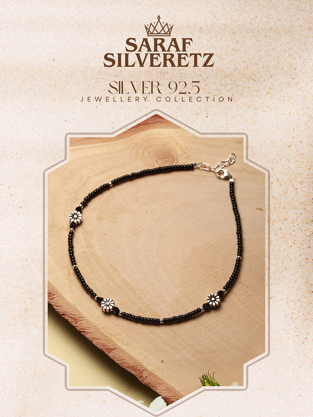 925 Sterling Silver Oxidised Charms  Black Beads Flower Minimal Dailywear Anklet