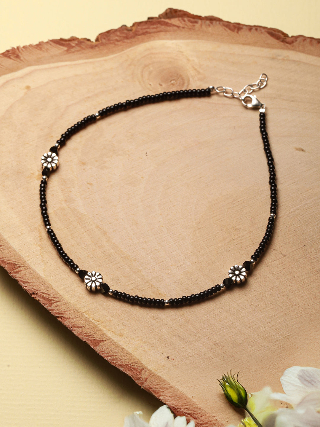 925 Sterling Silver Oxidised Charms  Black Beads Flower Minimal Dailywear Anklet