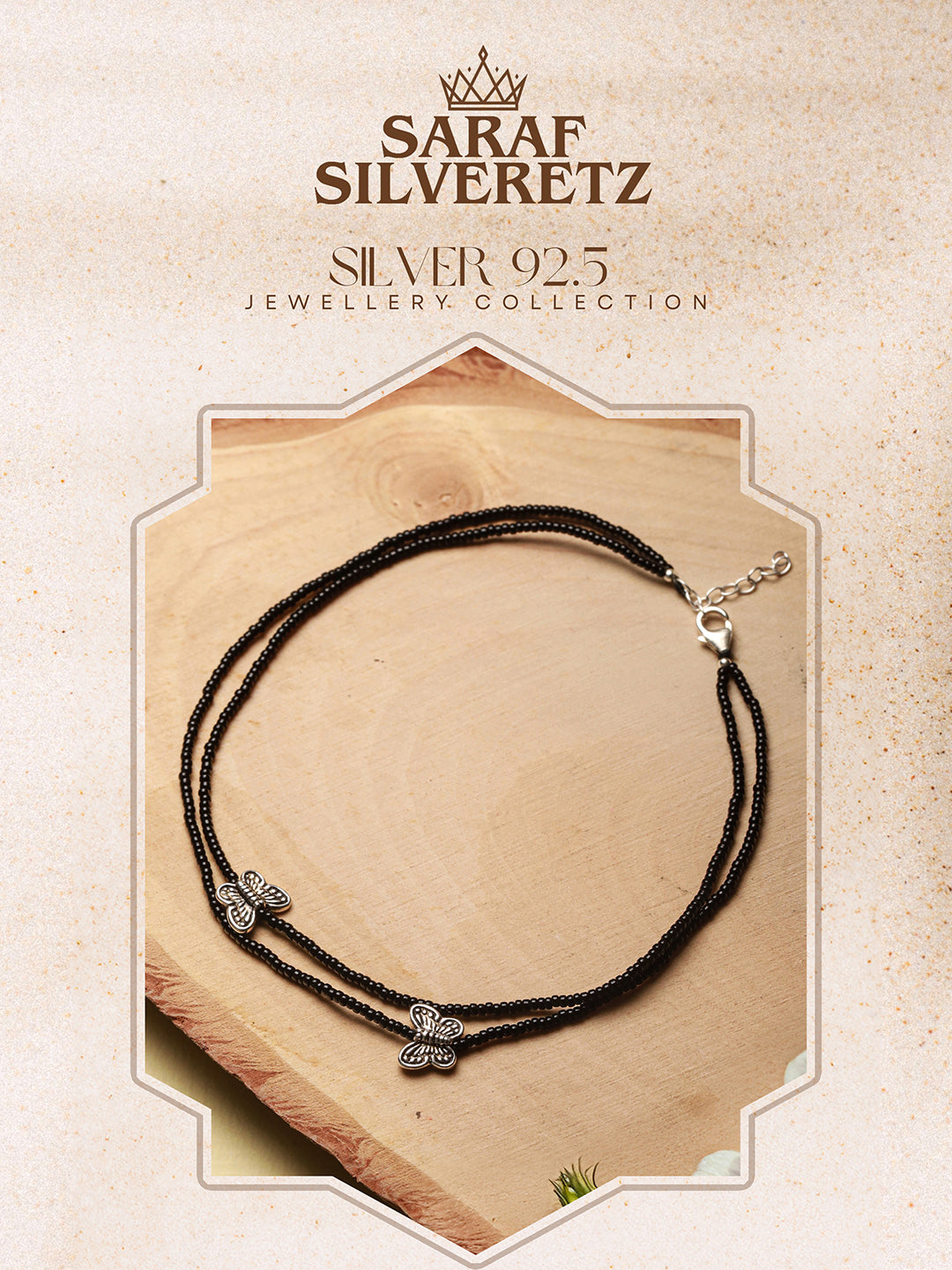 925 Sterling Silver Black Beads Butterfly Charms Payal Anklet