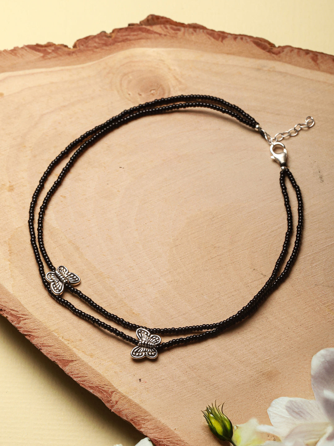 925 Sterling Silver Black Beads Butterfly Charms Payal Anklet