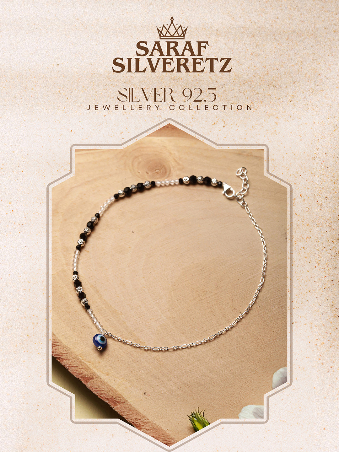 925 Sterling Silver Black Beads Trendy  Minimal Evil Eye Charm Anklet