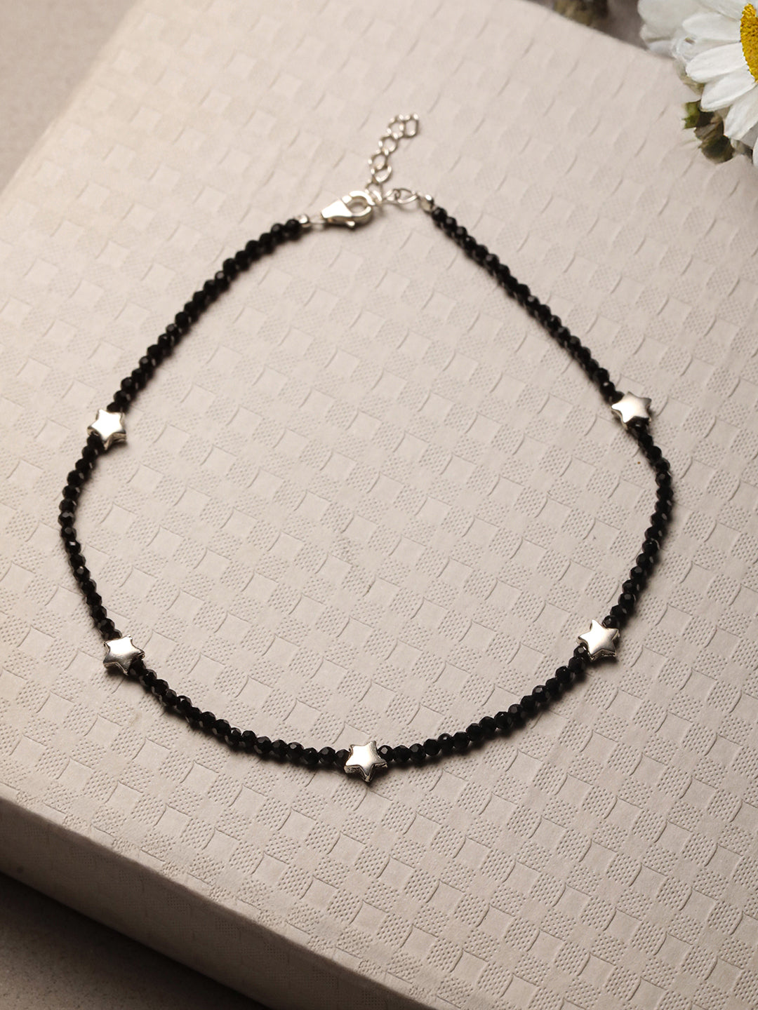 925 Sterling Silver Black Beads Star Shaped Charms Payal Anklet