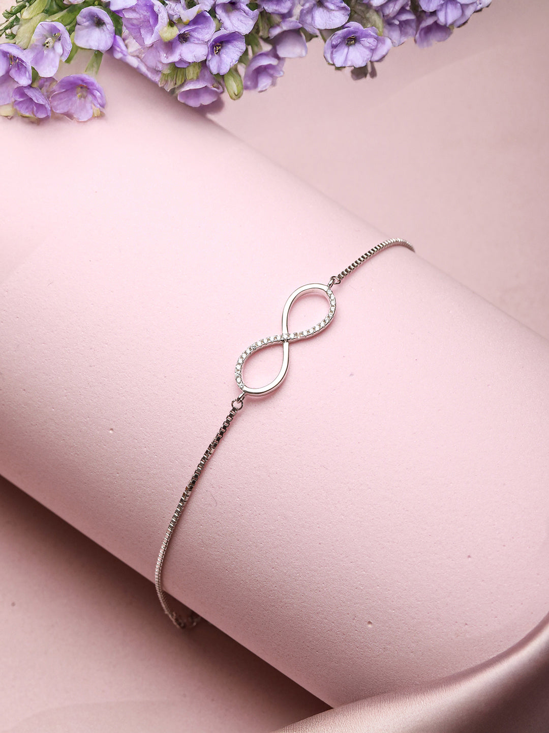 925 Sterling Silver Rhodium Plated AD Studded Infinity Charms Bracelet